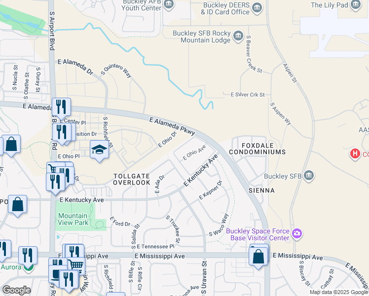 map of restaurants, bars, coffee shops, grocery stores, and more near 18043 East Ohio Avenue in Aurora