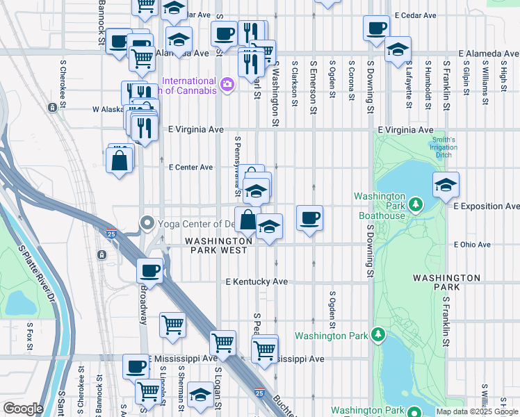 map of restaurants, bars, coffee shops, grocery stores, and more near 710 South Pennsylvania Street in Denver