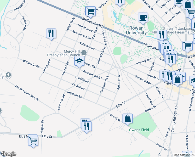 map of restaurants, bars, coffee shops, grocery stores, and more near 117 Franklin Road in Glassboro