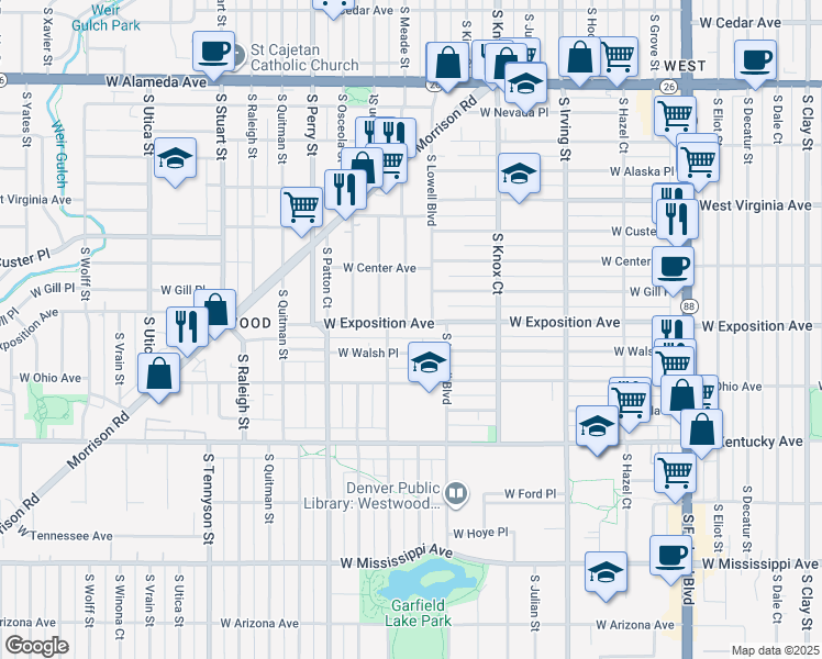 map of restaurants, bars, coffee shops, grocery stores, and more near 3723 West Walsh Place in Denver