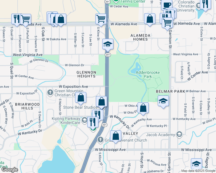 map of restaurants, bars, coffee shops, grocery stores, and more near S Kipling St & W Exposition Ave in Lakewood