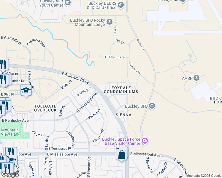 map of restaurants, bars, coffee shops, grocery stores, and more near 908 South Walden Way in Aurora