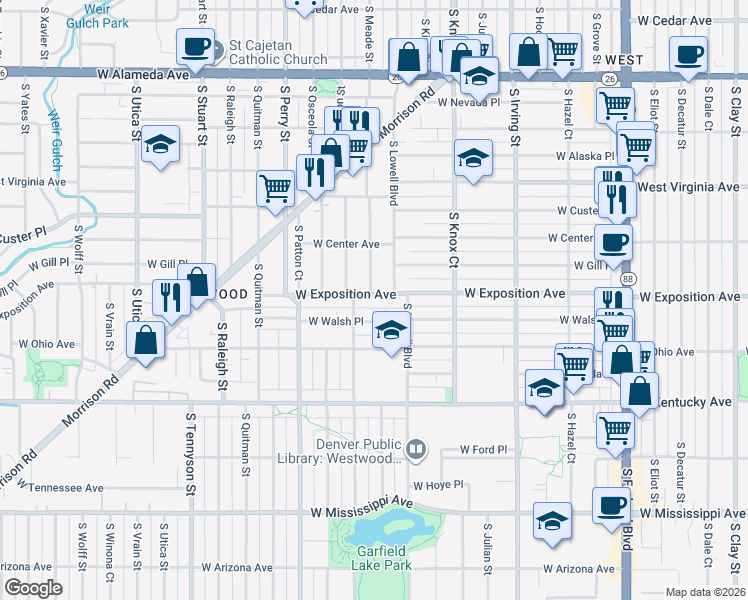 map of restaurants, bars, coffee shops, grocery stores, and more near 3723 West Walsh Place in Denver
