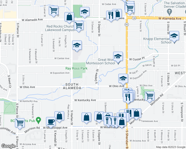 map of restaurants, bars, coffee shops, grocery stores, and more near 762 South Depew Street in Lakewood