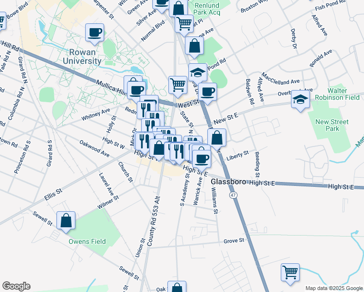 map of restaurants, bars, coffee shops, grocery stores, and more near 15 College Avenue in Glassboro
