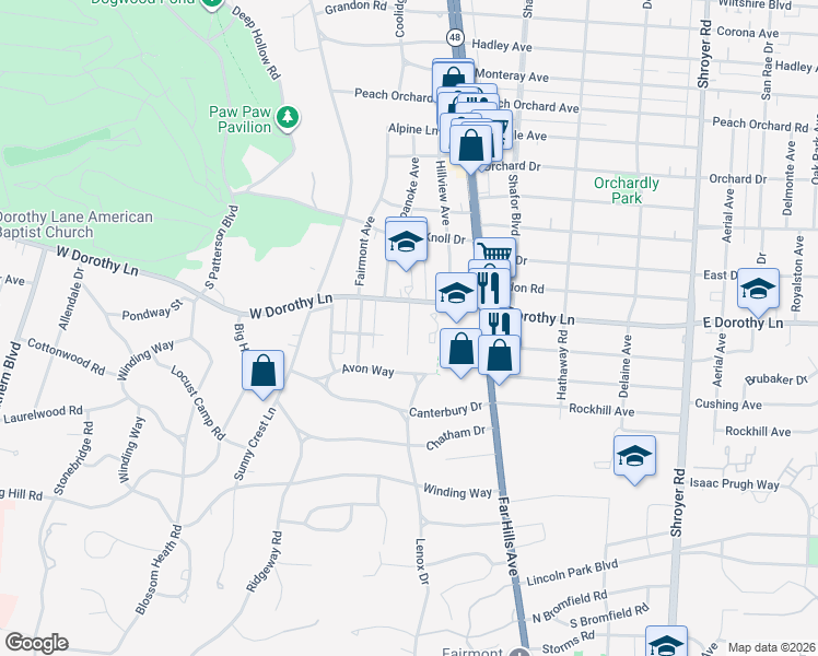 map of restaurants, bars, coffee shops, grocery stores, and more near 210 West Dorothy Lane in Dayton
