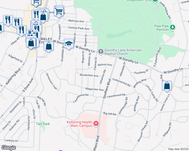 map of restaurants, bars, coffee shops, grocery stores, and more near 3201 Fairway Drive in Kettering