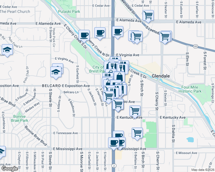 map of restaurants, bars, coffee shops, grocery stores, and more near 3978 East Exposition Avenue in Denver