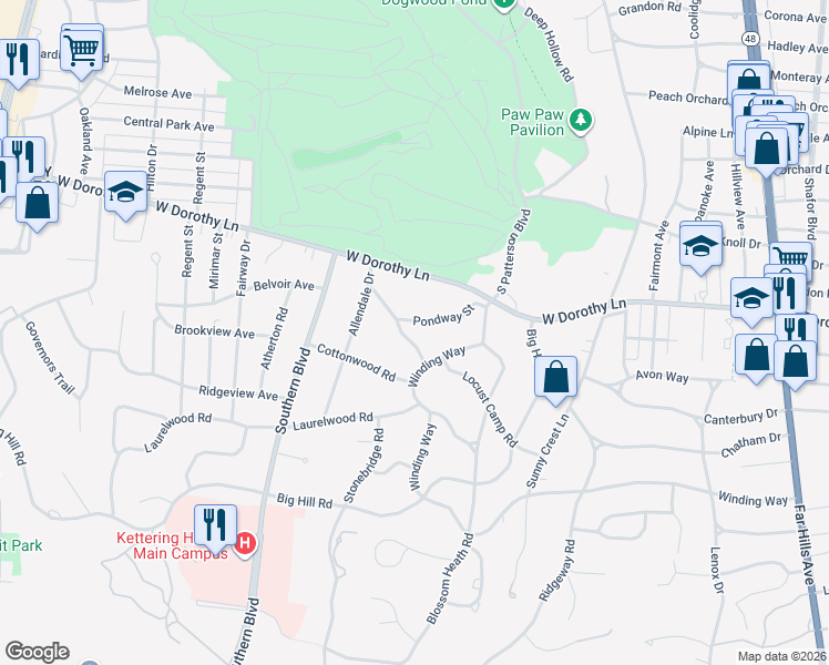 map of restaurants, bars, coffee shops, grocery stores, and more near 870 Pondway Street in Dayton