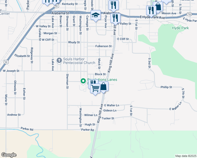 map of restaurants, bars, coffee shops, grocery stores, and more near 6809 Mack Street in Saint Joseph