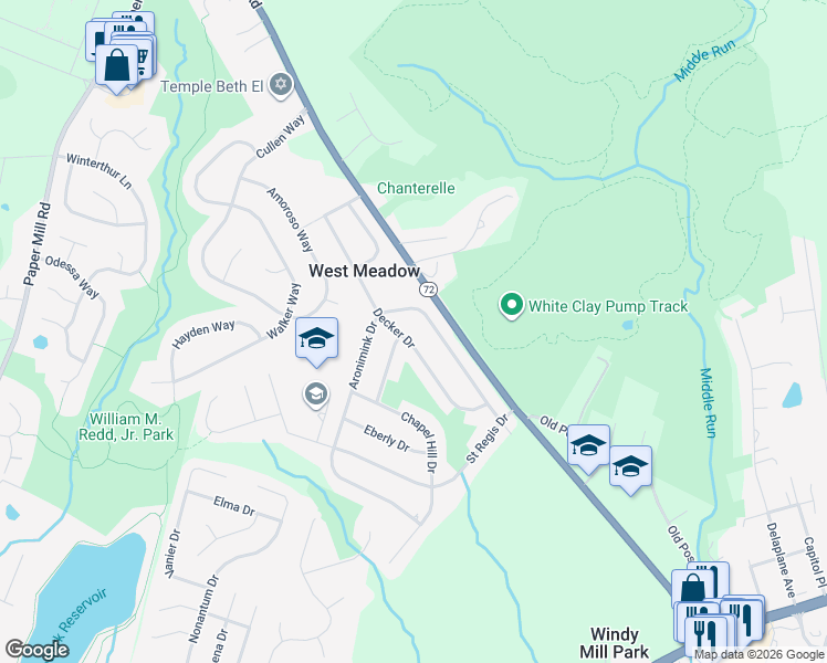 map of restaurants, bars, coffee shops, grocery stores, and more near 28 Aronimink Drive in Newark