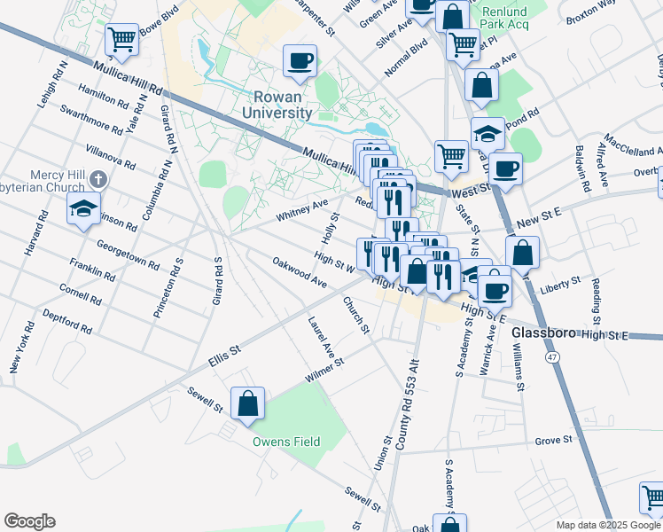 map of restaurants, bars, coffee shops, grocery stores, and more near 316 High Street West in Glassboro