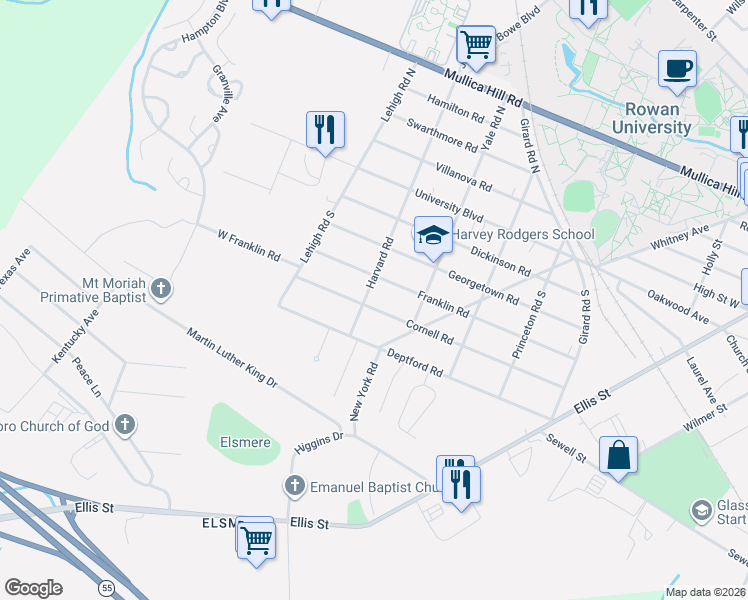 map of restaurants, bars, coffee shops, grocery stores, and more near 313 Cornell Road in Glassboro