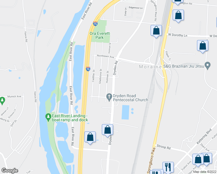 map of restaurants, bars, coffee shops, grocery stores, and more near 2840 Holman Street in Moraine