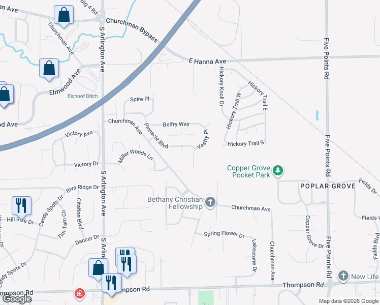 map of restaurants, bars, coffee shops, grocery stores, and more near 4426 Vestry Place in Indianapolis