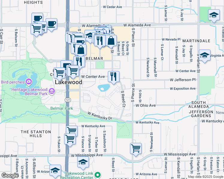 map of restaurants, bars, coffee shops, grocery stores, and more near 685 South Reed Court in Lakewood