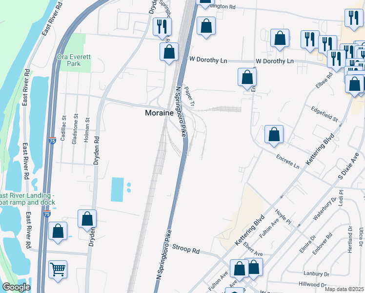 map of restaurants, bars, coffee shops, grocery stores, and more near in Moraine