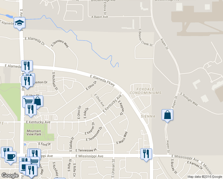 map of restaurants, bars, coffee shops, grocery stores, and more near 18106 East Ohio Avenue in Aurora