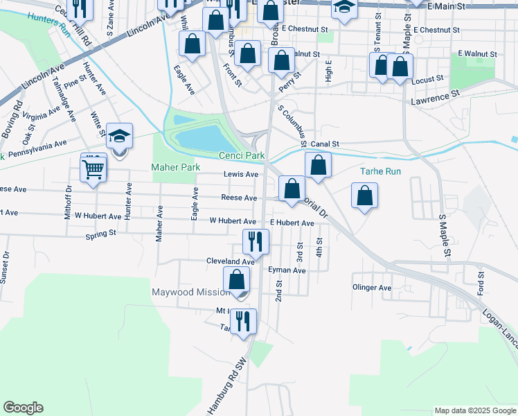 map of restaurants, bars, coffee shops, grocery stores, and more near 203 West Hubert Avenue in Lancaster