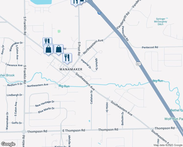 map of restaurants, bars, coffee shops, grocery stores, and more near 9119 Imperial Drive in Indianapolis