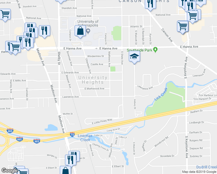 map of restaurants, bars, coffee shops, grocery stores, and more near 4239 Mathews Avenue in Indianapolis