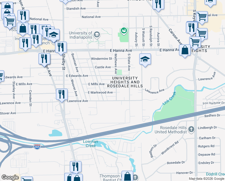 map of restaurants, bars, coffee shops, grocery stores, and more near 1522 East Markwood Avenue in Indianapolis