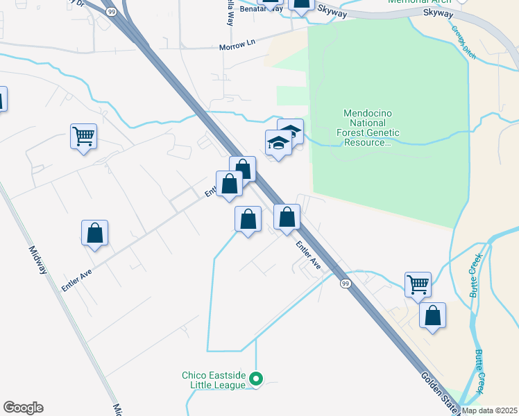 map of restaurants, bars, coffee shops, grocery stores, and more near 2 Entler Avenue in Chico