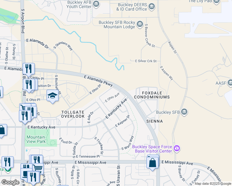 map of restaurants, bars, coffee shops, grocery stores, and more near 18106 East Ohio Avenue in Aurora