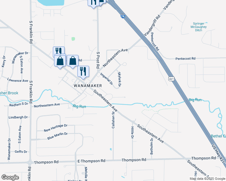map of restaurants, bars, coffee shops, grocery stores, and more near 9119 Imperial Drive in Indianapolis