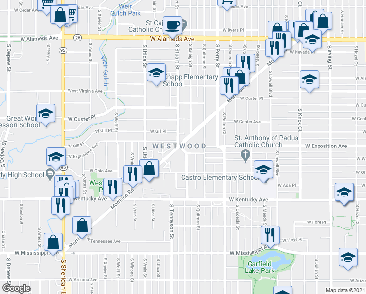 map of restaurants, bars, coffee shops, grocery stores, and more near 4280 Morrison Road in Denver