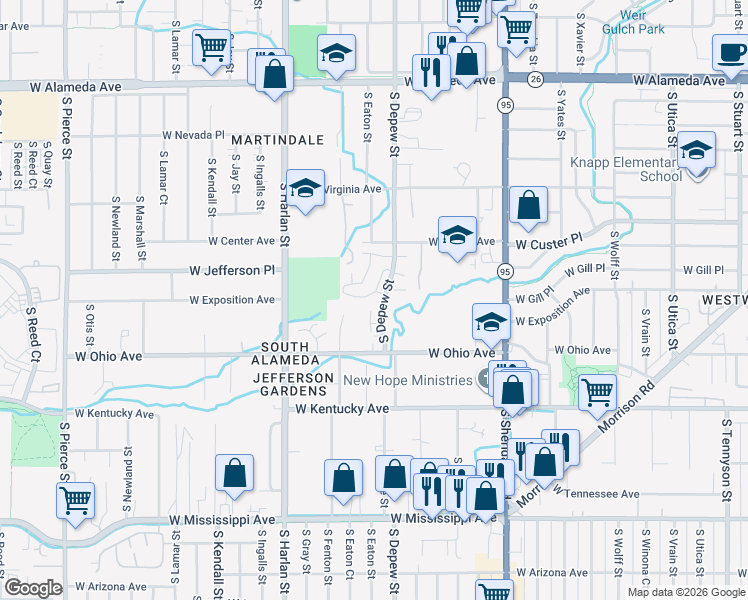 map of restaurants, bars, coffee shops, grocery stores, and more near 762 South Depew Street in Lakewood