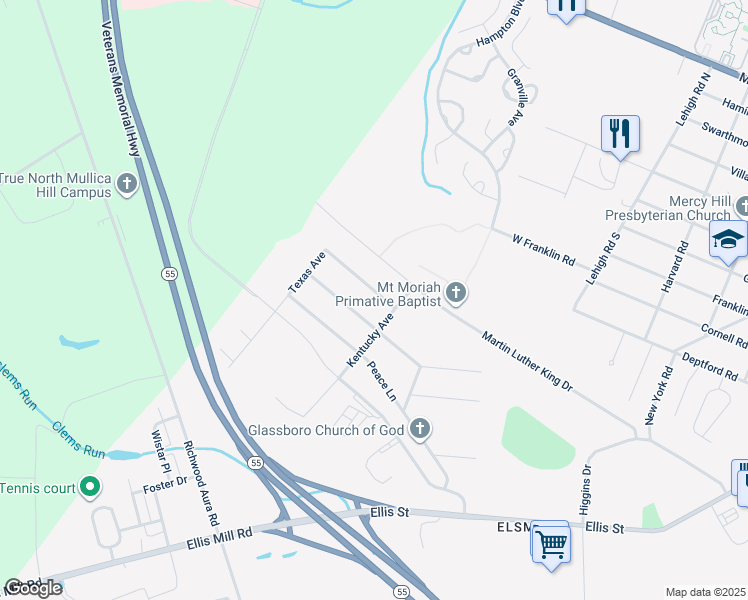 map of restaurants, bars, coffee shops, grocery stores, and more near 340 Honeymoon Road in Glassboro