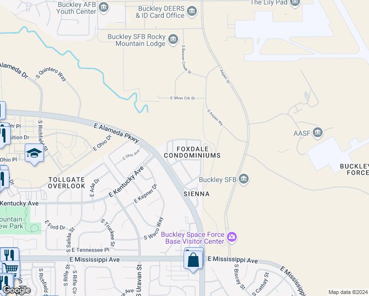 map of restaurants, bars, coffee shops, grocery stores, and more near 907 South Yampa Street in Aurora