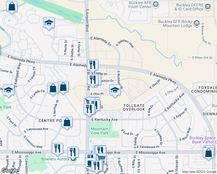 map of restaurants, bars, coffee shops, grocery stores, and more near 17201 East Walsh Way in Aurora