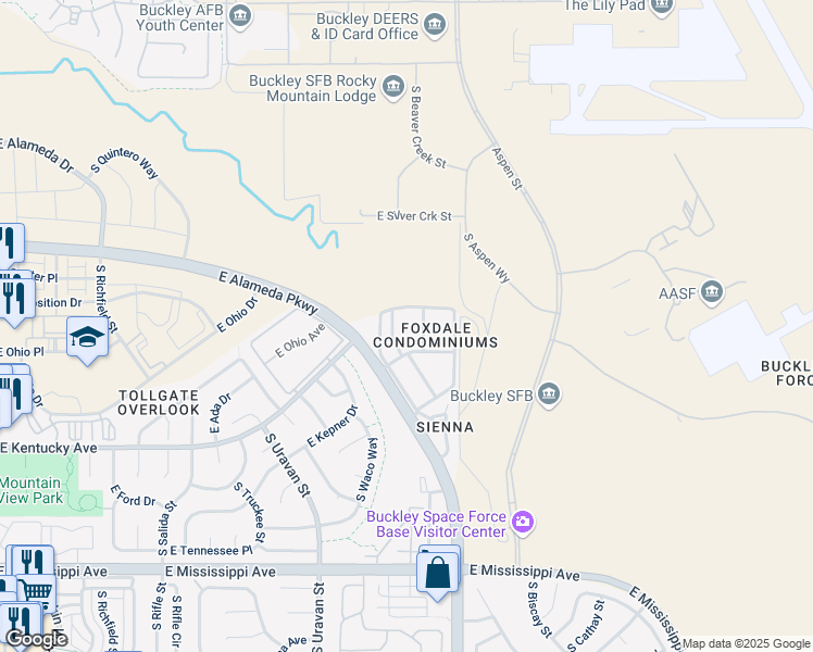 map of restaurants, bars, coffee shops, grocery stores, and more near 908 South Walden Way in Aurora