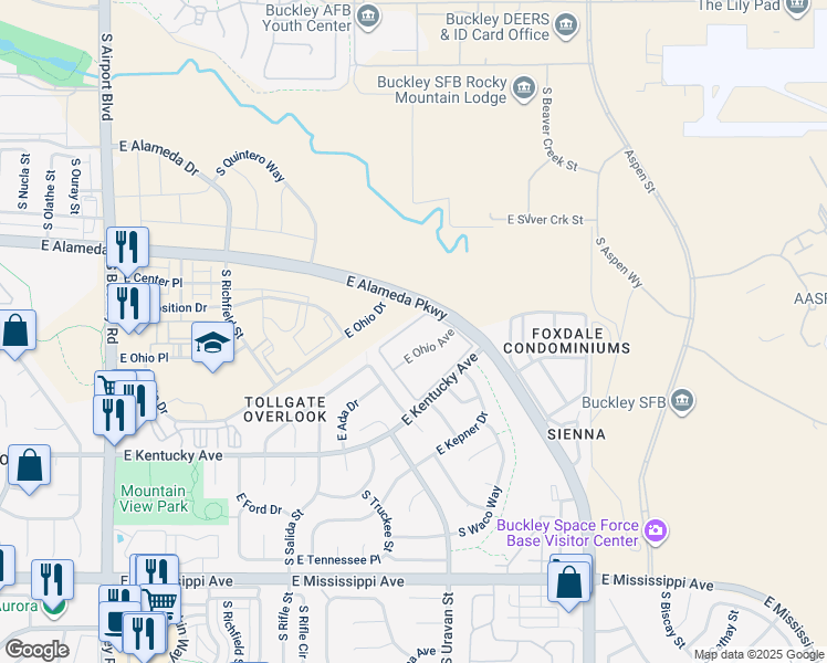 map of restaurants, bars, coffee shops, grocery stores, and more near 18053 East Ohio Avenue in Aurora