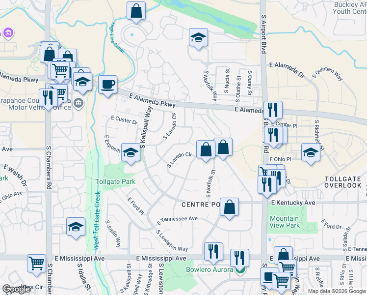 map of restaurants, bars, coffee shops, grocery stores, and more near 719 South Memphis Way in Aurora
