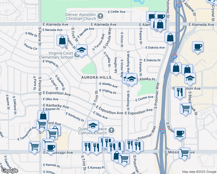 map of restaurants, bars, coffee shops, grocery stores, and more near 13101 East Virginia Place in Aurora