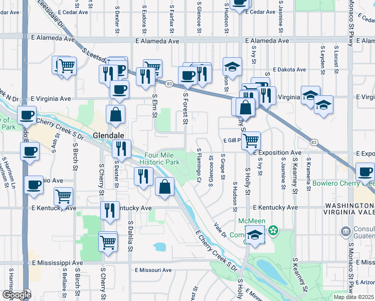 map of restaurants, bars, coffee shops, grocery stores, and more near 5205 South Forest Street in Glendale