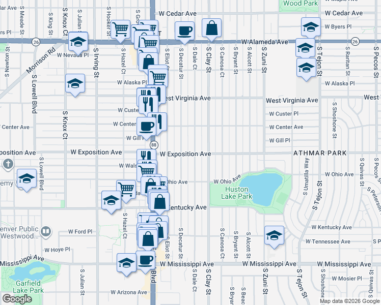 map of restaurants, bars, coffee shops, grocery stores, and more near 710 South Decatur Street in Denver
