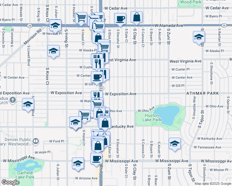 map of restaurants, bars, coffee shops, grocery stores, and more near 710 South Decatur Street in Denver