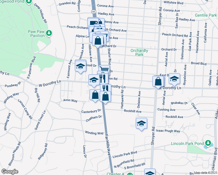 map of restaurants, bars, coffee shops, grocery stores, and more near 101 Lewiston Road in Dayton