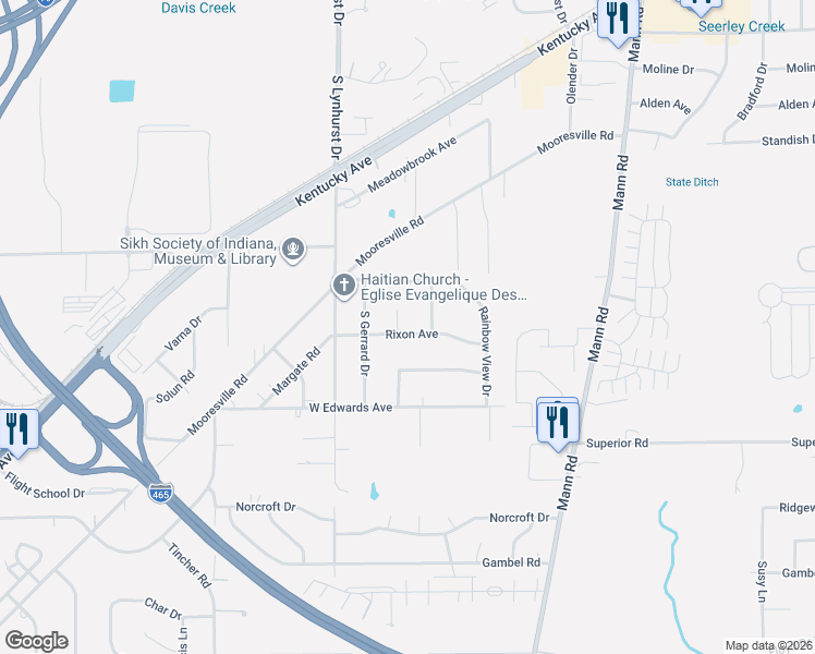 map of restaurants, bars, coffee shops, grocery stores, and more near 5009 Rixon Avenue in Indianapolis