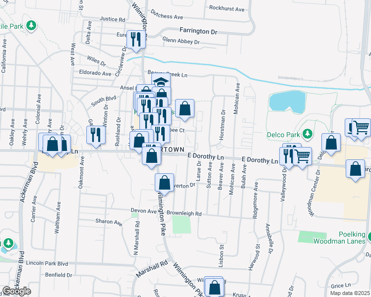 map of restaurants, bars, coffee shops, grocery stores, and more near 1454 East Dorothy Lane in Dayton