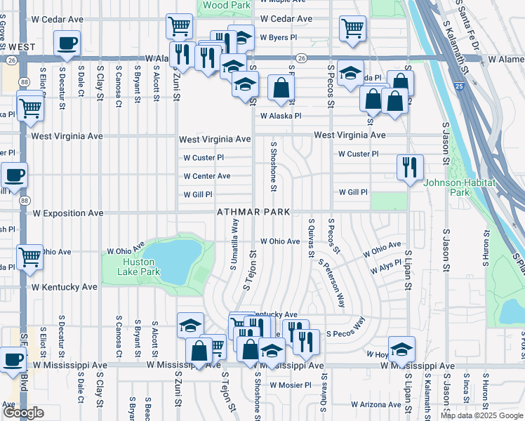 map of restaurants, bars, coffee shops, grocery stores, and more near in Denver