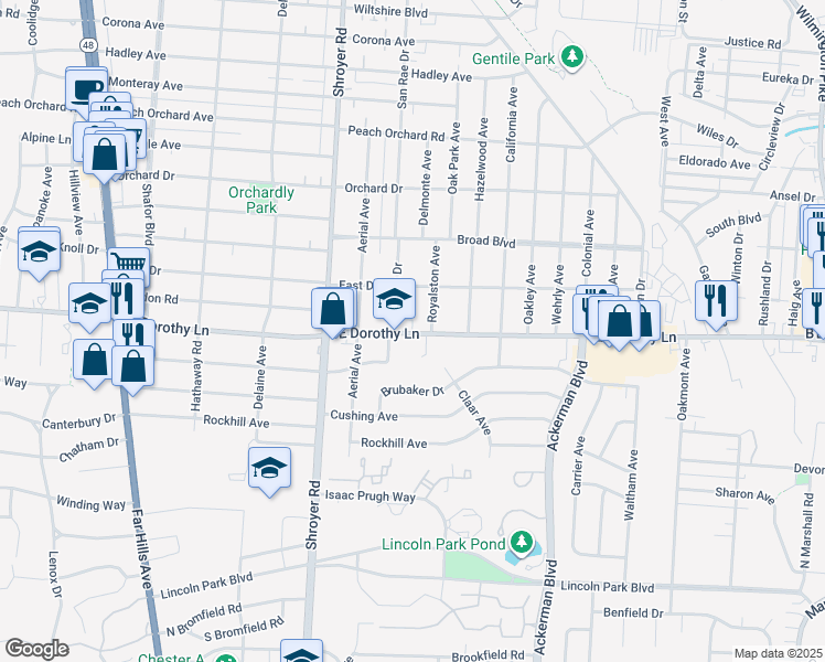 map of restaurants, bars, coffee shops, grocery stores, and more near 609 East Dorothy Lane in Dayton