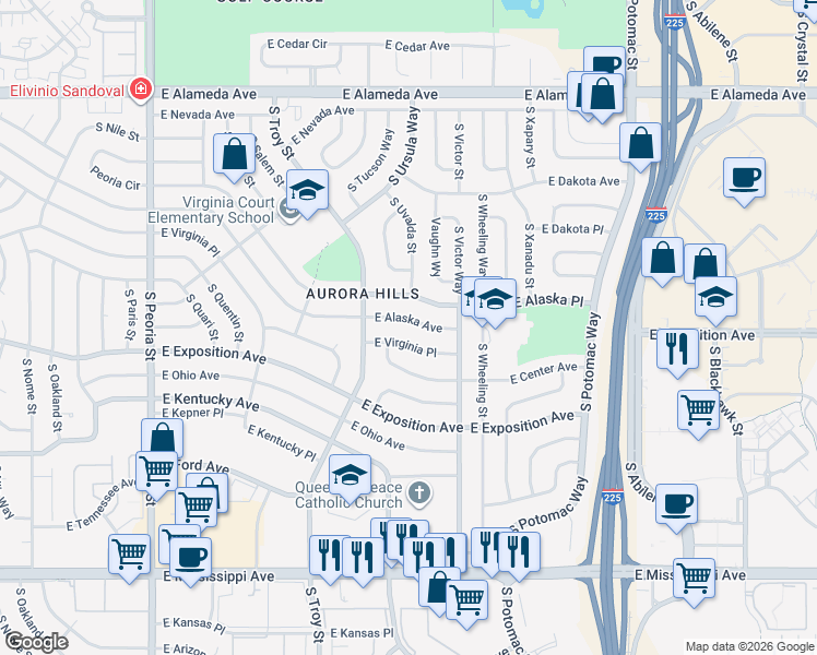 map of restaurants, bars, coffee shops, grocery stores, and more near 13101 East Virginia Place in Aurora