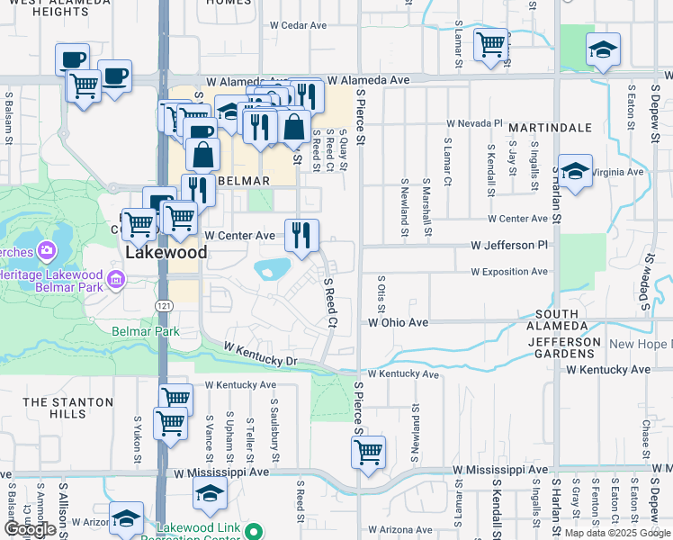 map of restaurants, bars, coffee shops, grocery stores, and more near 700 South Reed Court in Denver