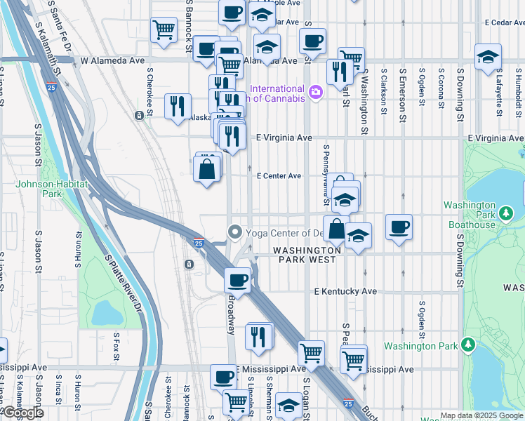 map of restaurants, bars, coffee shops, grocery stores, and more near 127 East Exposition Avenue in Denver