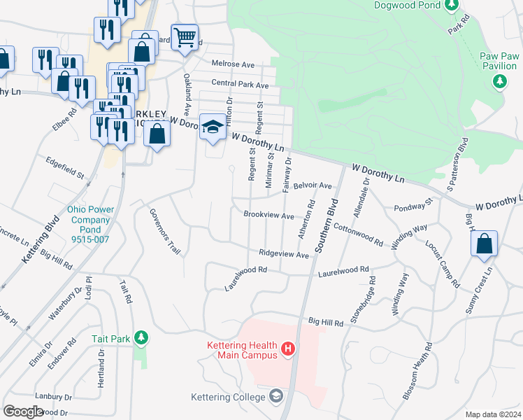 map of restaurants, bars, coffee shops, grocery stores, and more near 1233 Brookview Avenue in Dayton
